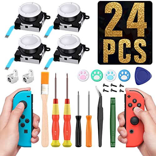 TiMOVO 4PZS Recambios de Joystick Compatible con Nintendo Switch OLED 2021/Switch/Switch Lite Joycon, 24 PZS Kit de Herramientas de Reparación Profesional Herramienta de Palanca, Destornillador,Blanco