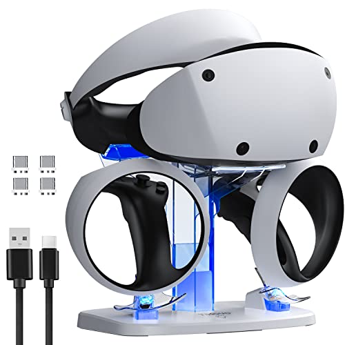 TiMOVO PS VR2 Estación de Carga del Controlador, Cargador Mandos VR2 PS5, Soporte de Cargar Carga Magnética con Soporte para PS VR2 Gafas, LED Luz, Protección de Sobrecarga, Blanco y Transparente