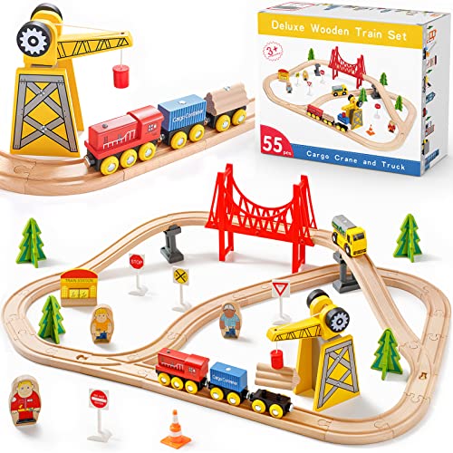 Tiny Land Juego de Trenes de Grúa, 55 Piezas, Pistas de Madera y Grúa Exclusiva y Trenes, Adapta a Thomas Adapta a Brio, Kit de Ferrocarril de Juguete Empaquetado de Regalo