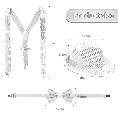 Tirantes con Lentejuelas, Tirantes y Pajaritas con Purpurina Accesorios Disfraces, Sombrero de Lentejuelas, 3 Pieza Disco Accesorios Disfraces Lentejuelas para Carnaval Fiestas Rave, Jazz y Baile