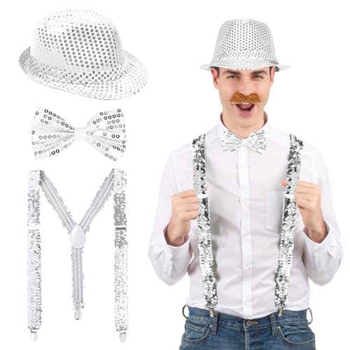 Tirantes con Lentejuelas, Tirantes y Pajaritas con Purpurina Accesorios Disfraces, Sombrero de Lentejuelas, 3 Pieza Disco Accesorios Disfraces Lentejuelas para Carnaval Fiestas Rave, Jazz y Baile