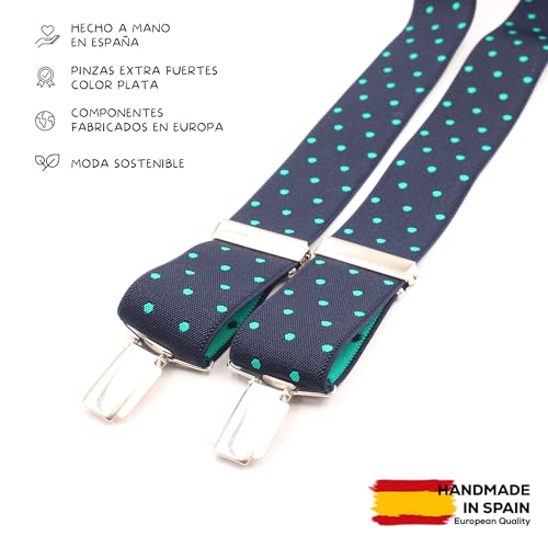 Tirantes Hombre Lunares Azul marino Verde Hechos a mano. Tirantes para pantalones hombre con 3 pinzas extrafuertes. Tirantes elásticos para hombre originales, alta Durabilidad. (Azul-Verde)