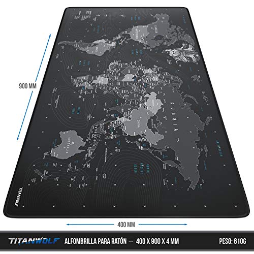 TITANWOLF - XXL Alfombrilla para ratón 900 x 400 mm - Speed Gaming Mousepad - Mouse Pad para Ordenador - Base para Mesa Grandes Dimensiones - Diseño: planisferio y Lobo