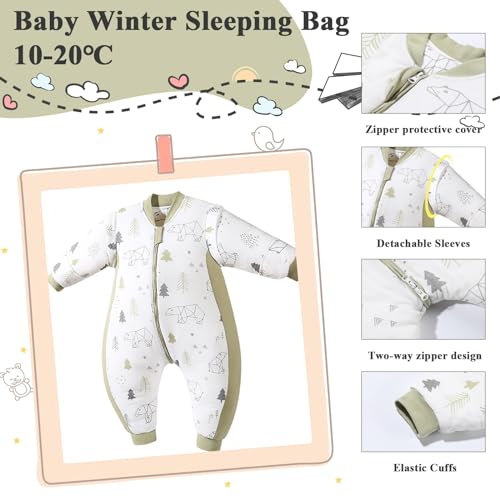 Tivifore Saco Dormir Bebe, Pijama para bebé, Saco de Dormir Unisex para bebé, Nvierno Bolsa de Dormir de Algodón, Saco de Dormir Invierno con Mangas Extraíbles 10 – 24 Meses (Altura 75 – 90 cm)