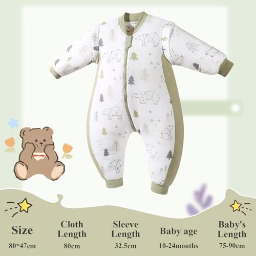 Tivifore Saco Dormir Bebe, Pijama para bebé, Saco de Dormir Unisex para bebé, Nvierno Bolsa de Dormir de Algodón, Saco de Dormir Invierno con Mangas Extraíbles 10 – 24 Meses (Altura 75 – 90 cm)