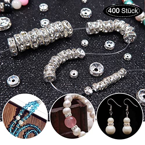 TOAOB 400 Piezas Plata Brillante Cuentas espaciadoras 4 mm a 10 mm Rondelle Beads de Cristal Redondos Sueltos Abalorios Espaciadores Rhinestone para Hacer Pulseras Collares Manualidades Joyería