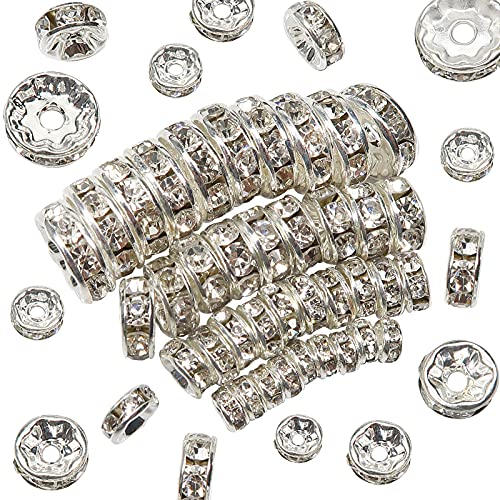 TOAOB 400 Piezas Plata Brillante Cuentas espaciadoras 4 mm a 10 mm Rondelle Beads de Cristal Redondos Sueltos Abalorios Espaciadores Rhinestone para Hacer Pulseras Collares Manualidades Joyería