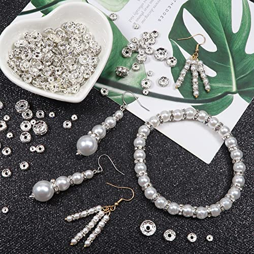 TOAOB 400 Piezas Plata Brillante Cuentas espaciadoras 4 mm a 10 mm Rondelle Beads de Cristal Redondos Sueltos Abalorios Espaciadores Rhinestone para Hacer Pulseras Collares Manualidades Joyería