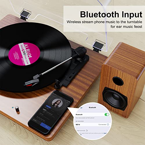 Tocadiscos Bluetooth de Vinilo de 3 velocidades con Altavoces estéreo, Salida USB para convertir Discos de Vinilo a Archivos Digitales, Salida RCA/Entrada Auxiliar, Acabado en Madera