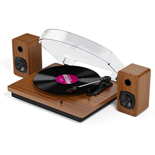 Tocadiscos Bluetooth de Vinilo de 3 velocidades con Altavoces estéreo, Salida USB para convertir Discos de Vinilo a Archivos Digitales, Salida RCA/Entrada Auxiliar, Acabado en Madera