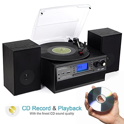 Tocadiscos Bluetooth Plato Giradiscos Plato Vinilo, CD, Cassette, Encoding, USB, SD, MMC, Am, FM, 3 velocidades, 33/45/78 RPM,con Dos Externo Altavoces