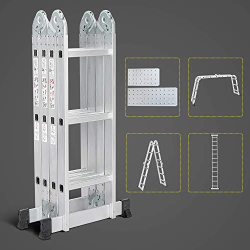 Todeco Escalera de Aluminio Multifuncional 3.5m, Escalera Plegable con 2 Plataforma de Hierro, 4x3 Escaleras Escamoteables Carga Máxima 150kg, 12 Peldaños Escalera Telescópica