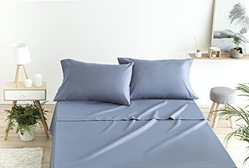 Todocama – Juego de Sábanas de 4 Piezas – Sábana Bajera Ajustable – Encimera - Dos Fundas de Almohada de 50x80cm. (Cama 90-90x190/200 cm, Azul grisaceo)