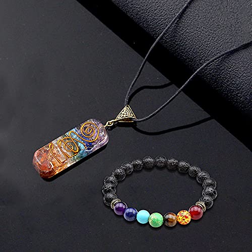 TOFBS Chakras Collar con Colgante de Cristal ＆ 7 Chakras Pulsera Joyas Set para Mujer Hombre, Collar de Piedras Naturales Reiki Pulsera para Protección Curativa Energía Yoga Meditación Equilibrio