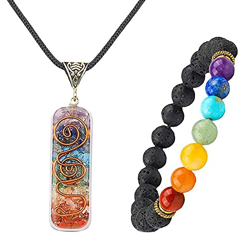 TOFBS Chakras Collar con Colgante de Cristal ＆ 7 Chakras Pulsera Joyas Set para Mujer Hombre, Collar de Piedras Naturales Reiki Pulsera para Protección Curativa Energía Yoga Meditación Equilibrio