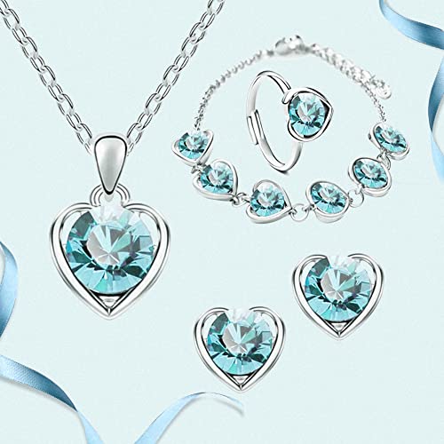 TOFBS Conjuntos de Joyas para Mujer y Niñas Corazón Cristal Collar con Colgante Pendientes Pulsera y Anillo Juego de Joyas Boda Fiesta Cumpleaños Día de San Valentín Regalos (Azul Marino)