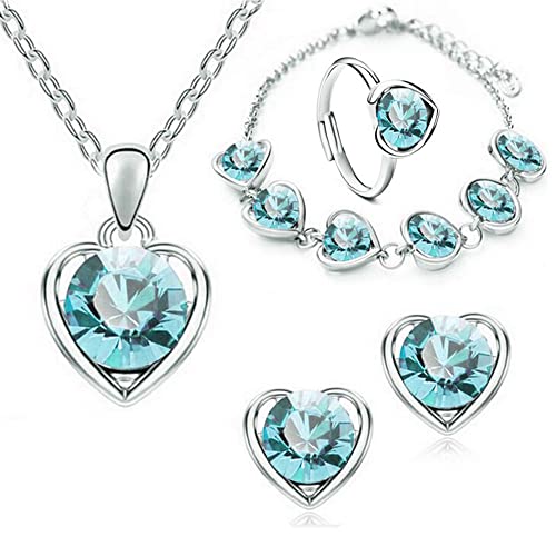 TOFBS Conjuntos de Joyas para Mujer y Niñas Corazón Cristal Collar con Colgante Pendientes Pulsera y Anillo Juego de Joyas Boda Fiesta Cumpleaños Día de San Valentín Regalos (Azul Marino)