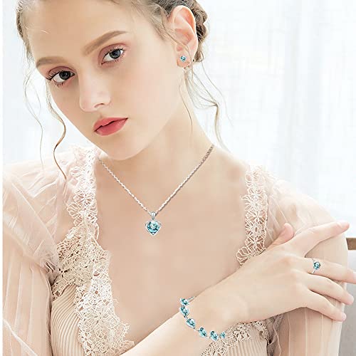 TOFBS Conjuntos de Joyas para Mujer y Niñas Corazón Cristal Collar con Colgante Pendientes Pulsera y Anillo Juego de Joyas Boda Fiesta Cumpleaños Día de San Valentín Regalos (Azul Marino)