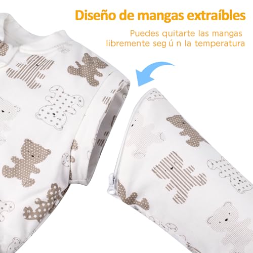 TOGOU2S Saco de Dormir para Bebé 2.5 TOG, Saco de Dormir Bebe con Mangas Extraíbles, Unisex Saco Dormir Bebe Invierno de Tamaño Ajustable de 85 a 100 cm, 100% Algodón Saco Bebe, Patrón de Oso