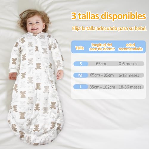 TOGOU2S Saco de Dormir para Bebé 2.5 TOG, Saco de Dormir Bebe con Mangas Extraíbles, Unisex Saco Dormir Bebe Invierno de Tamaño Ajustable de 85 a 100 cm, 100% Algodón Saco Bebe, Patrón de Oso