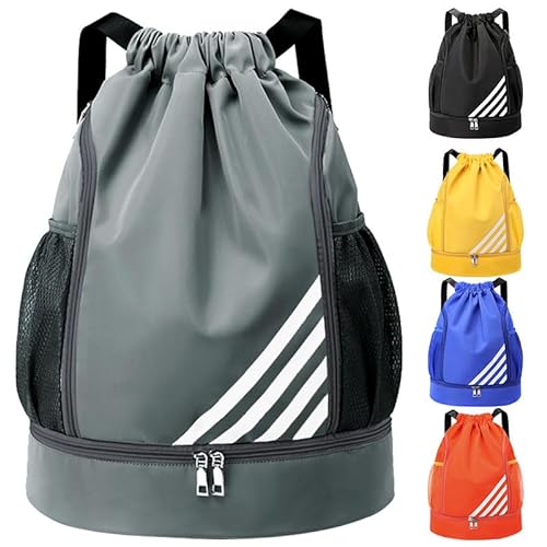 Tokeya Bolsas de Cuerdas Hombre Mochila Cuerdas Impermeable Saco de Gimnasia con Compartimento de Zapatos y Bolsillo Ligera Mochila de Playa para Senderismo Natacion Fitness Baloncesto, Gris