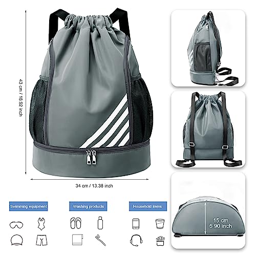 Tokeya Bolsas de Cuerdas Hombre Mochila Cuerdas Impermeable Saco de Gimnasia con Compartimento de Zapatos y Bolsillo Ligera Mochila de Playa para Senderismo Natacion Fitness Baloncesto, Gris