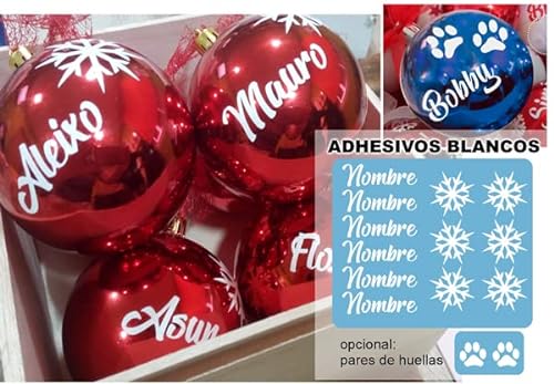 TOKPERSONAL 6 Nombres y 6 Copos DE Nieve Adhesivos para Pegar en Tus Bolas de Navidad (Solo Incluye LOS Nombres Y Copos Adhesivos, NO Incluye Las Bolas) - Color Blanco