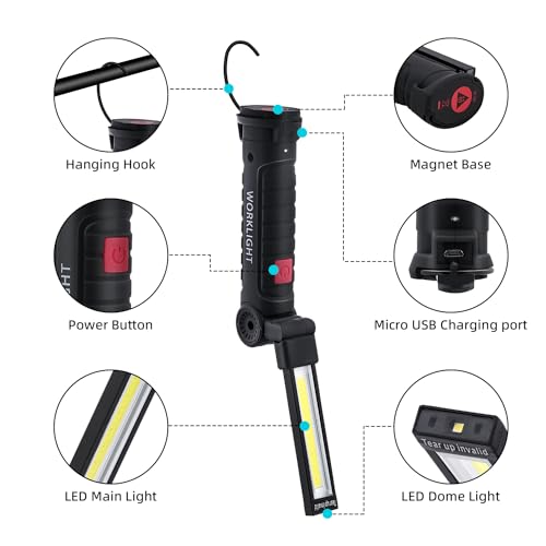 Tolesum 2 Piezas Linterna LED Recargable Luz de Trabajo Lámpara de Taller COB Recargable con Base Magnética, 5 Modos, para Garaje, Camping, Emergencia, etc. - Grande