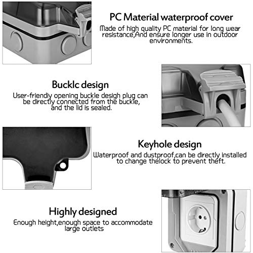 Toma de Corriente Exterior, con Interruptor Impermeable IP66, Tomacorrientes de pared con Tapa, Enchufes 13A, para Jardín y Tomacorriente Externo, Gris