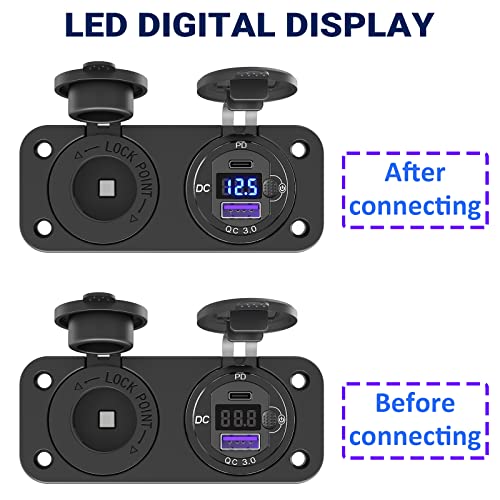 Toma de Encendedor de Cigarrillos de 12 voltios Outlet: PD 20 W USB C y QD3.0 Puerto USB de Aluminio de Metal 12 V Enchufe, Cargador de Coche de 150 W Panel con Interruptor