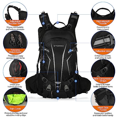 TOMSHOO Mochila Ciclismo 20L/30L Impermeable para Excursionismo Ciclismo Alpinismo Senderismo Camping al Aire Libre con Cubierta de Lluvia y del Casco (20L, Negro)