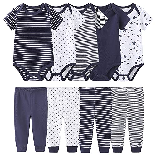 TONE Body de bebé de manga corta, 5 piezas y pantalones de leggings, juego de 4 piezas para niños recién nacidos y niñas 0-3m/3-6m/6-9m/9-12m algodón