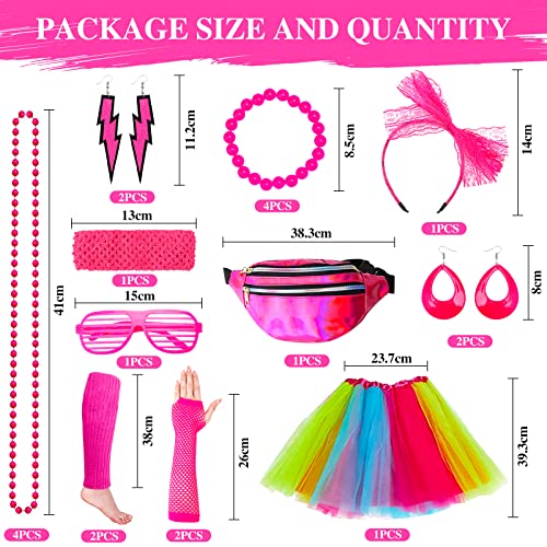 Tonsooze 80s Accesorios de Traje 21pcs 80 años, Encaje de Neón Pendientes ​Fishnet Guantes Collar Pulsera Juego de disfraces mujeres Fiesta de Cosplay Retro