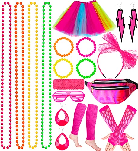 Tonsooze 80s Accesorios de Traje 21pcs 80 años, Encaje de Neón Pendientes ​Fishnet Guantes Collar Pulsera Juego de disfraces mujeres Fiesta de Cosplay Retro