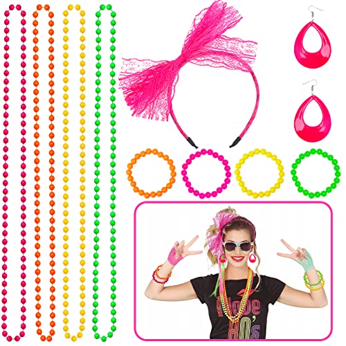 Tonsooze 80s Accesorios de Traje 21pcs 80 años, Encaje de Neón Pendientes ​Fishnet Guantes Collar Pulsera Juego de disfraces mujeres Fiesta de Cosplay Retro