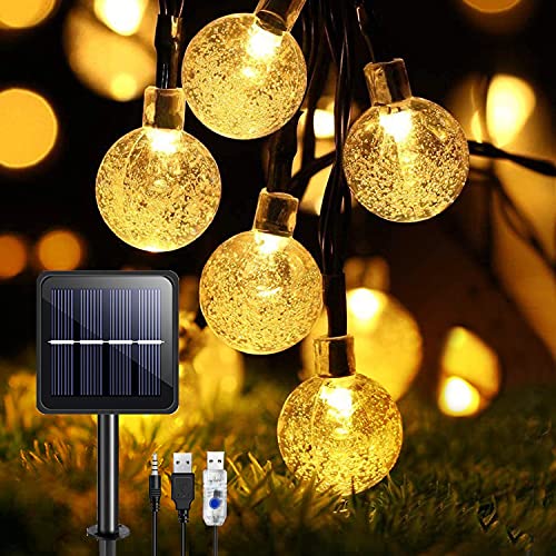 TOPYIYI Guirnaldas Luces Exterior Solar, 50LED 8M Led Jardin con USB Recargable, 8 Modos & Impermeable Cadena de Luces Decoración para Terraza Patio Balcones Fiesta Boda