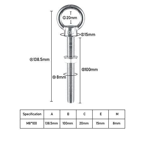 Tornillo de Anillo M10 de 316 Acero Inoxidable Perno de Ojo para Fijación y suspensión para uso industrial o doméstico (4, M10x100mm)