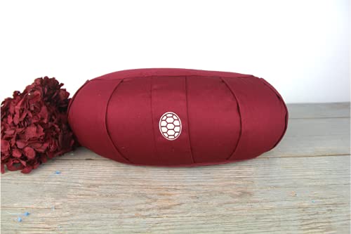 TORTUGA MEDITATION & YOGA - Cojín Zafu Relleno de Trigo sarraceno sostenible - Color Granate - Modelo CASPIO - Diseño Media Luna -Altura 15cm- Funda algodón 100% Natural fácil Lavado -Meditación/Yoga