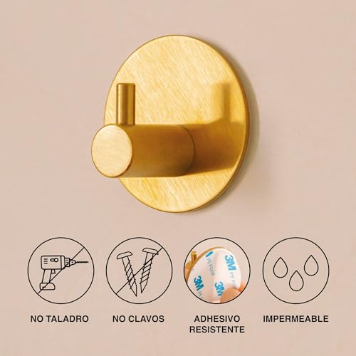 tothehype Ganchos Adhesivos Pared de Acero Inoxidable sin Taladro ni Clavos. Colgadores Pared con Adhesivo Resistente 3M para Organizar Baño, Cocina o Dormitorio. Pack De 2 Percheros Dorado Mate.