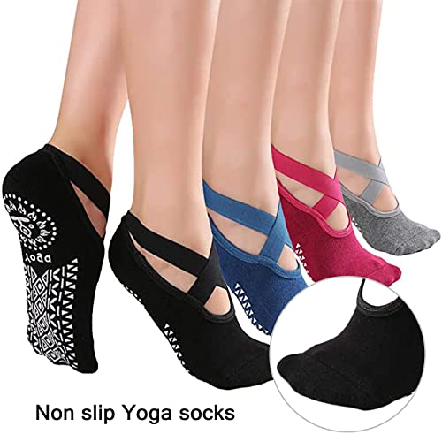 Towwoo 4 Pares Calcetines de Yoga Antideslizantes para Mujer, Calcetines Deportivos de Algodón de Corte Bajo, Calcetines de Pilates para Yoga, Ballet, Danza, Fitness, Baile Descalzo