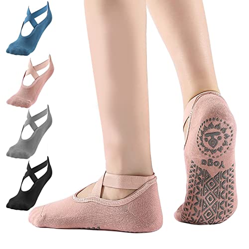 Towwoo 4 Pares Calcetines de Yoga Antideslizantes para Mujer, Calcetines Deportivos de Algodón de Corte Bajo, Calcetines de Pilates para Yoga, Ballet, Danza, Fitness, Baile Descalzo