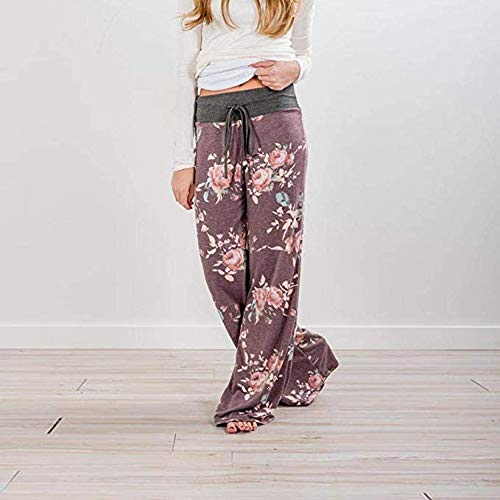 TOYIS Pantalones de yoga informales para mujer, con cordón floral, estilo palazzo, casual, suelto, pierna ancha, pantalones