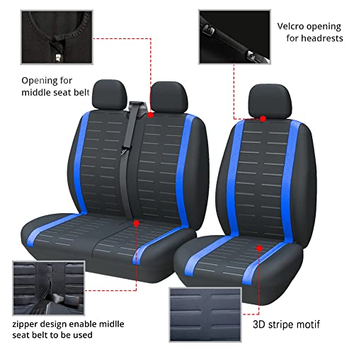 TOYOUN Fundas para Asientos de Furgonetas y Camiones de 1 + 2 (3 plazas), Fundas Asientos Coche Universales, Protector Funda Asiento Coche Delantero, Azul