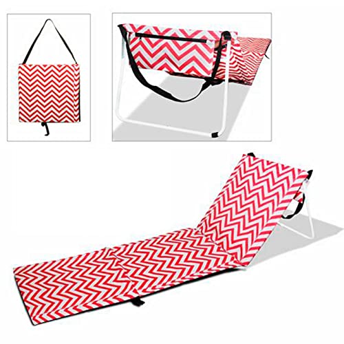 Tradineur - Esterilla abatible de playa, tumbona con respaldo reclinable, incluye bolsillo y correa, plegable, ligera y resistente, piscina, camping, jardín (Zigzag, Rojo y blanco, 170 x 54 x 35 cm)