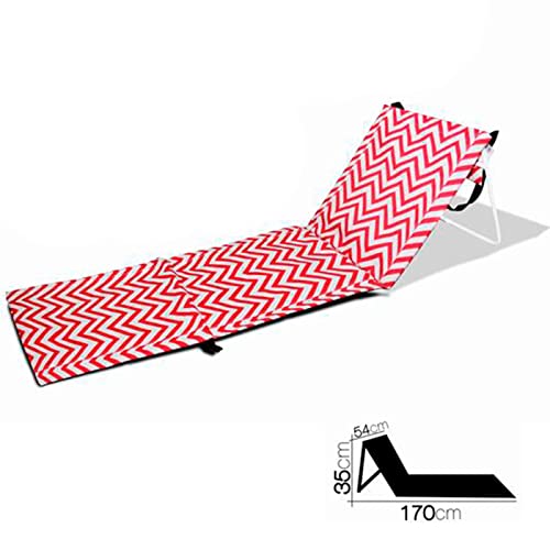 Tradineur - Esterilla abatible de playa, tumbona con respaldo reclinable, incluye bolsillo y correa, plegable, ligera y resistente, piscina, camping, jardín (Zigzag, Rojo y blanco, 170 x 54 x 35 cm)