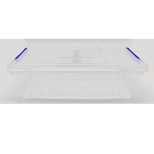 Tradineur - Pack de 4 cajas de almacenaje de plástico transparente, 2 litros, minicajas de ordenación apilables con tapa 7,5 x 25,5 x 16,8 cm, cierre a presión, fabricadas en España