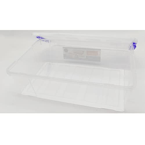 Tradineur - Pack de 4 cajas de almacenaje de plástico transparente, 2 litros, minicajas de ordenación apilables con tapa 7,5 x 25,5 x 16,8 cm, cierre a presión, fabricadas en España