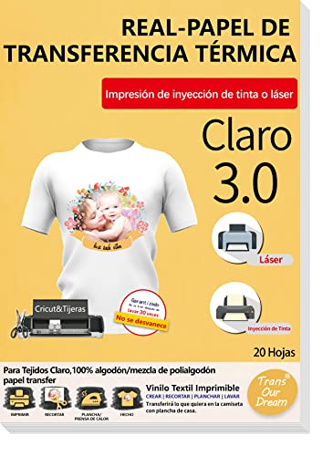 TransOurDream Real - Papel de Transferencia Fácil de Usar. Sin Impresión de Espejo A4x20 Hojas Papel Transfer Para Camisetas Blancas y Tejitos Claros Plancha Térmica Camiseta, ES-2-20