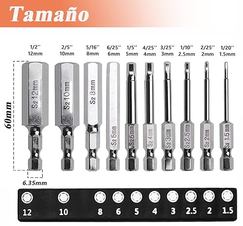 Treki 20pcs Puntas de Destornillador de Cabeza Hexagonal Magnética Destornillador Hexagonal Puntas Juego de Brocas Allen 60mm para Destornilladores Eléctricos Manuales (Métricas y SAE)