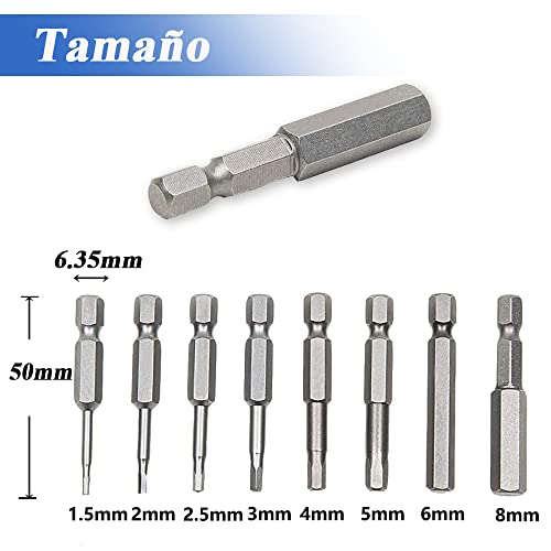 Treki Juego de 8 Puntas de Destornillador Hexagonales de 1/4" Puntas de Destornillador Hexagonal Puntas Destornillador Allen 50mm H1.5-H8 Magnético Puntas Destornillador Electrico